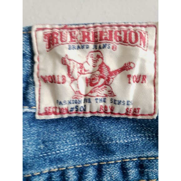 True Religion Jeans Women’s 27 Blue  Bell Bottom Distressed 100% Cotton - Picture 9 of 10